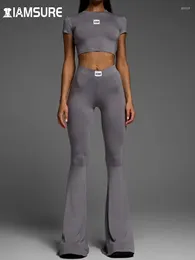 Calças femininas de duas peças Iamsure Yoga Básico Conjunto Sólido Mulheres Sporty Activewear Slim 2 Conjuntos Manga Curta Cropped Camiseta Cintura Alta Flare
