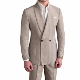 Zweireiher Schal Revers Khaki Komplettes Set Chic Kostüm Homme Elegante 2 Stück Jacke Hosen Casual Männliche Kleidung Herrenanzüge 78gK #