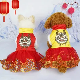 Cão vestuário dragão dança vestido tang ano chinês festivo animal de estimação feminino gato pequeno inverno