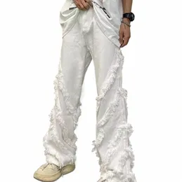 American Style White Damage Raw Edge Street Jeans Men's Harajuku Style Hip-Hop Dance Straight White Jeans Women's Y2K Clothing W8UQ#