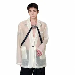 summer Men Organza Ultra-thin See Through Translucent Sunscreen Suit Blazer Jacket Male Japan Korean Streetwear Suit Shirt Coat 297q#