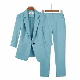 2023 Summer New Thin Jacket Blazer Casual Wide Leg Pants Two Piece Elegant Women's Pants Set Office Outfits Busin Clothing G5S8#