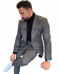 Houndstooth Mens Suit Casual Busin Slim Fit Blazer Male Winter Prom Groom Wear Tuxedo 2 Piece Set Terno Masculino Jacket+Pant K7VI#
