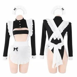 anime Maid Cosplay Lingerie Turtleneck Hollow Out Bodyc Bodysuit Lg Sleeve with Apr Lolita Neko Girl Catsuit Dropship m7zv#