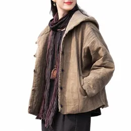 johnature Women Vintage Cott Ramie Hooded Parkas Butt Lg Sleeve Warm Coats 2024 Winter New Chinese Style Women Parkas R9oo#