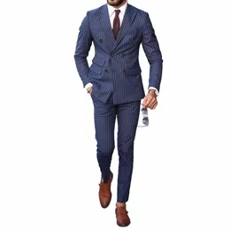 Męski garnitur niebieski luksusowy pełny zestaw szczyt lapy podwójnie piersi kostium Homme Slim Fit High Street 2 szt. Spodnie Busin Blazer K90Q#