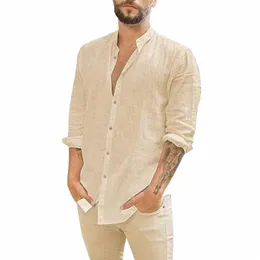 mäns casual tops Cott Linen skjortor Summer Solid Color Shirt Loose Blause Butt Cardigan Stand-Up Collar Henley Shirt 893n#