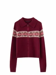 Puwd suéter feminino 2023 inverno fi senhoras casual lapela malha zíper mangas lg suéter vermelho para outwears femininos w3hC #