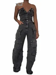 twotwinstyle Slimming Streetwear Denim Jumpsuits For Women Strapl Sleevel High Waist Patchwork Pockets Jumpsuit Female New O85W#