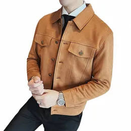 가을 겨울의 새로운 Fi 스웨이드 재킷 남성 의류 2023 Collar Slim Fit 캐주얼 아웃복 코트 단일 가슴 80pq#