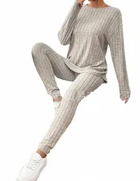 Duas peças casuais roupas femininas 2023 outono/inverno nova fi cor sólida malha manga lg sweaterloose calças conjunto elegante t1x8 #