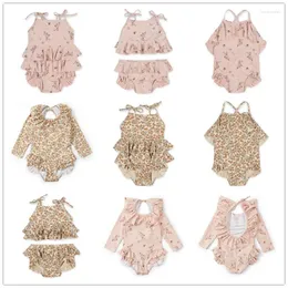 Set di abbigliamento Costumi da bagno per neonate con set di cappelli Costumi da bagno per bambini Abiti stampati con volant Senza maniche Costumi da bagno estivi Costumi da bagno per bambini senza schienale