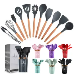Polijstpads 12pcs Set Nonstick Cooking Spoon Soup Ladle Turner Pancake Spatula Tong Cookware Colorful Silicone Wooden Kitchen Utensils Set