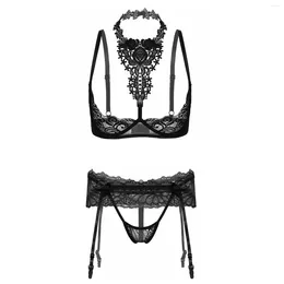 Bras Sets Women Sexy Lace 1/4 Cups Bare Underwired Unlined Halter Bra Thongs Panties Hollow Out Babydoll Lingerie Set Sissy Underwear Suit