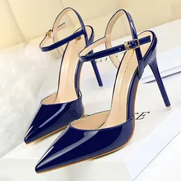 Bigtree ayakkabıları moda yüksek topuklu patent deri kadın pompalar seksi kadın mavi şeridi stiletto topuk sandaletler 2023 240318