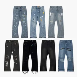 Jeans 23SS En İyi Zanaat Erkek Tasarımcısı Retro Moda Yüksek Sokak Kırık Delikler Kot Yağlı Boya Sıçraması Mürekkep Pantolonları 657