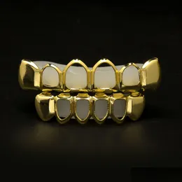 Grillz, Dental Grills Yeni 18K gerçek altın kaplı buzlu dışarı hiphop içi boş dişler Grillz Top Grill Cadılar Bayramı Noel Partisi Hediye Drop Dhyep