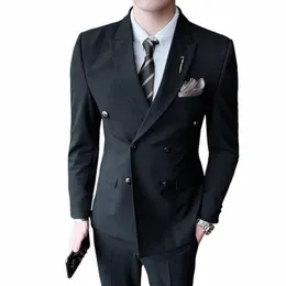 Terno masculino formal 2 peças conjunto fino ajuste duplo breasted xadrez baile smoking casamento padrinhos blazer calças jaqueta casaco calças v2mH #