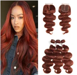 Cabelo Vermelho Cobre Feixes 33 Pacotes de Cabelo Auburn Com Fechamento de Renda Onda Do Corpo Extensão Do Cabelo Virgem Humano Brasileiro 3 Pacotes Com To2595646