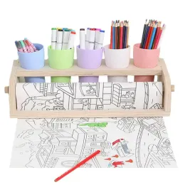 Racks Wooden Tabletop Paper Roll Dispenser Art Painting Paper Roll Stand With Pencil Holder Cup Desktop Solidwood Easel For Kids Draw
