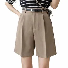 Löst Khaki Wide Leg Summer Shorts 2021 Casual High Waist Casial Suit Tyg Knälängd Byxor Kvinnliga Capris Bermuda Y26F#