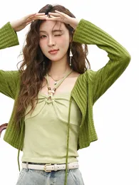 Mishow Knitte Two-Piece Set for Women 2024 Spring Solid Retro Sweet Lace Up Vest LG-Sleeved Cardigan MXD12Z0534 T4TW＃
