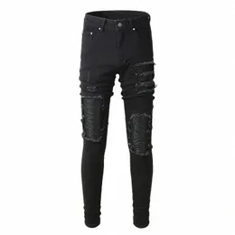 Street Fi Jeans da uomo Nero Slim Fit Stretch Jeans strappati Uomo Punk Pantaloni in pelle Patch Designer Hip Hop Pantaloni di marca Hombre u2XU #