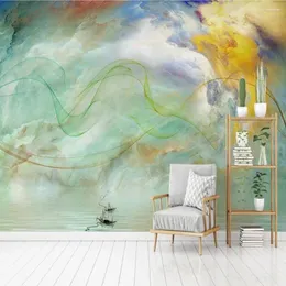 خلفيات مخصصة ثلاثية الأبعاد السحب الجوية الحديثة خط الفنون نمط التلفزيون أريكة غرفة نوم خلفية خلفية جدارية