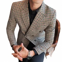 İngiliz Stil Erkek Slim Fit Houndstooth Blazer Erkekler 2023 Yeni Basit Çift Kelime Bezeli Busin Ofis Düğün Dr Dava Ceket W8IA#