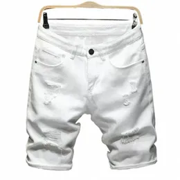Nowe białe dżinsowe szorty Mężczyźni Fi Zerwane spodnie do kolan Proste swobodne szorstki szorty dżinsowe męskie odzież R1QW#