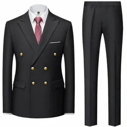 2023 FI New Men's Casual Boutique Double Breadted Suit Prouters / Man's Busin Suit Jacket Blazers Pants 2 PCS Set D8AB#