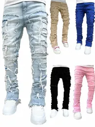 Calças de brim masculinas Regular Fit empilhadas rasgadas Slim Fit Patch Distred Destruído Calças jeans retas Hip Hop Streetwear Calças Pano L0rY #