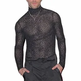 Inderun Men T Shirt Leopard Print Turtleeck MESH Sexy LG Sleeve Fey Through Camisetas 2023 Streetwear Fi Men Ubranie n2pu#