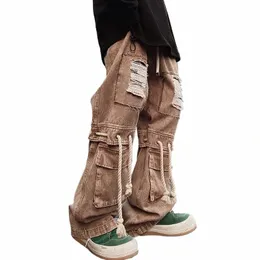 reddachic Zerrissene Löcher Kordelzug Cargohose Männer Große Taschen Zerrissene Zerstörte Lässige Baggy Jeans Hiphop Weites Bein Hosen Streetwear g8VE #