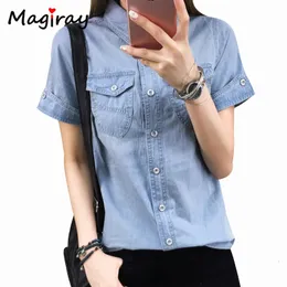 Magiray Harajuku Denim Blouse Women Summer短袖ヴィンテージジーンズシャツFEMMEバギーボタンポケットカジュアルブルサフェミニナ316 240328