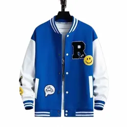 Giacca da baseball con ricamo viso sorridente Stile preppy Patchwork Cappotto Capispalla Abbigliamento da uomo Giacca vintage streetwear Hip Hop o7ag #