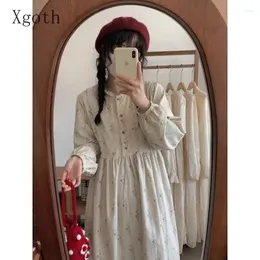 Casual Dresses Xgoth Corduroy Dress Floral Stand Collar Printed A-line Spring Sweet Lace O-neck Stitch Loose Skirts Female Clothes
