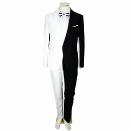 Erkekler düzensiz smokin siyah beyaz ekleme takım elbise erkek compere şarkıcı dansçı sahne blazer pantolon set set düğün 2 parça kıyafeti h226#