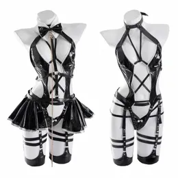 Devil Girl Leather Suit Maid Uniform Cosplay Costume Woman Bandage Hollow Out Bodysuit Jumpsuits Dr Sexig Pajamas Lingerie Set K2Jk#