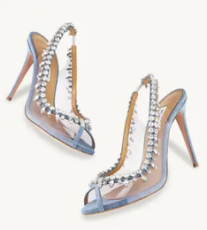 Verão aquazzura tentação sandálias sapatos femininos saltos stiletto cristais embelezamento pvc couro senhora gladiador sandalias elegante andando