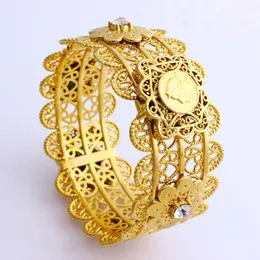 Luxury Women Big Wide Bangle CARVE THAI BAHT 18 k Solid Fine G F Gold Dubai Style African Jewelry Bracelets With CZ Middle2366