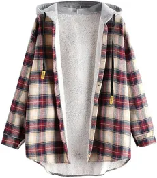 Zaful kvinnors rutiga fleece fodrad huva jacka knapp upp överdimensionerad fuzzy kappa rutig flanell hoodie jacka
