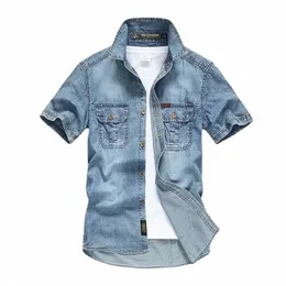 Men Multi Multi Mobicets Denim Tooling قمصان جديدة الصيف القصيرة القصيرة القمصان الجينز الأزرق جودة الرجال القمصان غير الرسمية الحجم 5XL F7MJ#