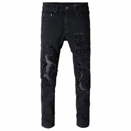 sokotoo мужские черные лоскутные облегающие эластичные байкерские джинсы для мотоцикла, повседневные узкие рваные брюки с нашивками W3o1 #