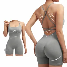 Frauen Criss Cross Backl Cami Sport Strampler Sleevel Laufen Workout Yoga Shorts Overalls N0GP #