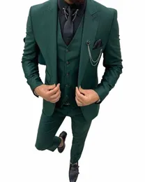 Темно-зеленый смокинг для жениха на заказ Жених с остроконечными лацканами для свадьбы/ужина Костюмы для шафера Жених куртка + брюки + жилет O7aL #