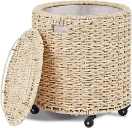 Laundry Bags Vintage Storage Basket Multipurpose Rolling Hamper W/ Brakable Wheels And Lid Braid Bin Natural Corn Husk