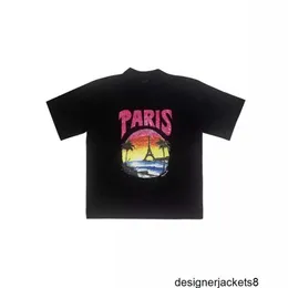 Designer Paris B Family 2024 Summer Sunset Coconut Tree Paris Tower Tryckt kortärmad T-shirt, manlig och kvinnlig parfamilj Tee S1NQ