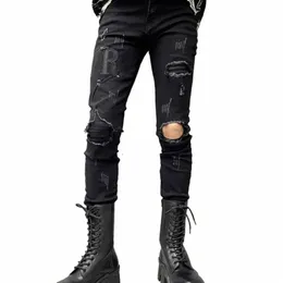 men's Black Letters R Embroidered Jeans Distred Ripped High Street Streetwear Patchwork Slim Fit Hole Skinny Jeans Hombre 58LO#