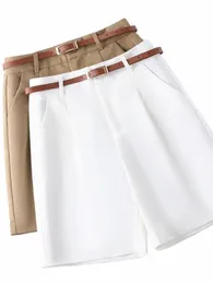 Shorts femininos Sólidos Casual Solto Verão Ventilar Shorts para Mulheres Cintura Alta Adicionar Cinto Fi Cott Linho Calças Curtas Mulheres F4lO #